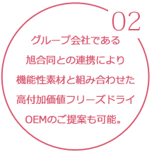 （02）グループ会社である旭合同との連携により、機能性素材と組み合わせた高付加価値フリーズドライOEMのご提案も可能。